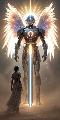 The primary subject of the image is a large, metallic angel figure, which appears to be a statue or a drawing. The setting is a dark background, which contrasts with the bright, metallic appearance of the angel. The visual style is a combination of digital art and illustration, creating a striking and detailed representation of the angel. The colors and mood of the image are predominantly dark, with the metallic angel figure standing out as the focal point and source of light.